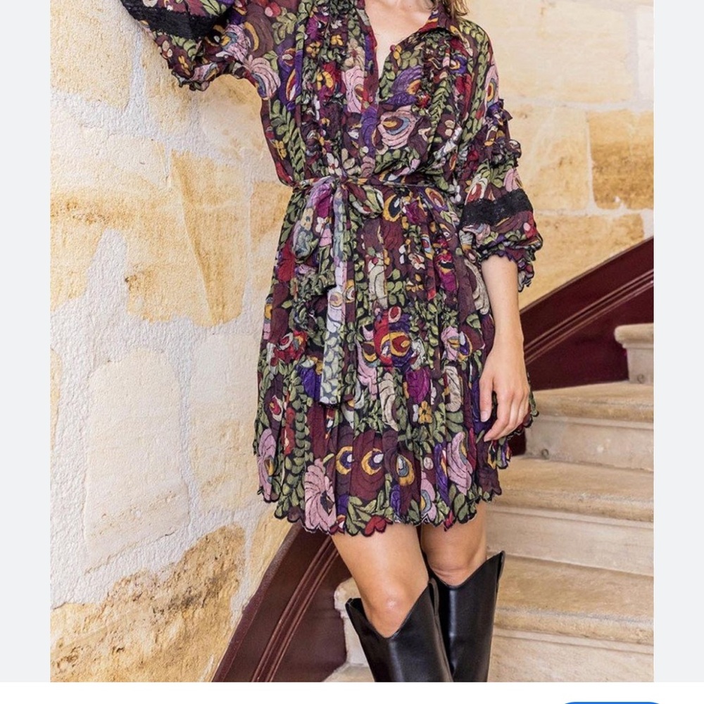 Miss June Paris NWT Size FS Kira‎ floral sheer ruffled mini shirtdress